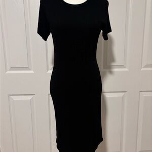 LNA Classic Black Rib Knit Midi Short Sleeve Dress